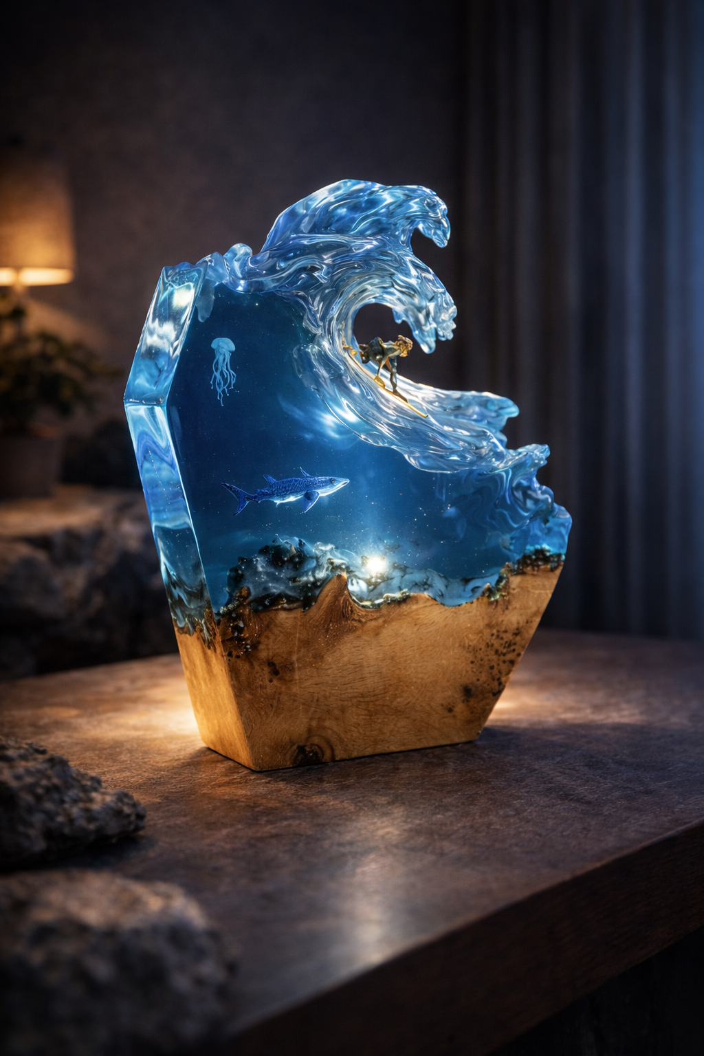 Vague Abyssale Sculpture lumineuse en bois et résine